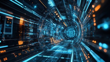 Fototapeta premium A futuristic tunnel with glowing blue and orange lines, suggesting high-speed travel or data flow.