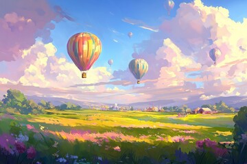 Obraz premium Colorful Hot Air Balloons Ascend Over Lush Green Fields Under a Bright Blue Sky with Fluffy White Clouds and Vibrant Flower Blooms in a Stunning Landscape Scene