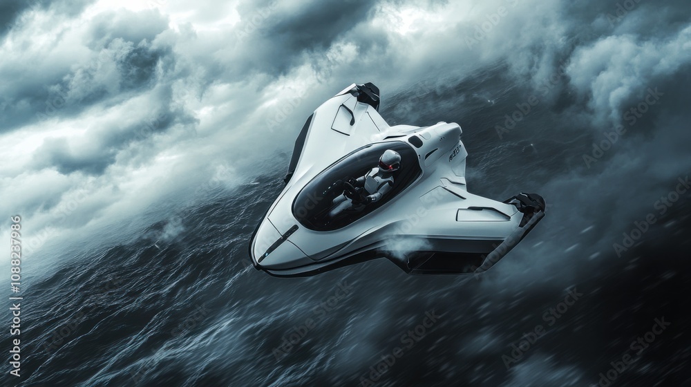 Poster A robotic pilot navigating through a turbulent storm in a futuristic flying car, adventurous and airborne setting with storm clouds and advanced aerial navigation systems
