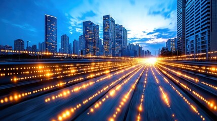 Obraz premium Dynamic Cityscape at Twilight with Glowing Trails and Skyscrapers Exemplifying Urban Life and Modern Architecture in a Vibrant Metropolis