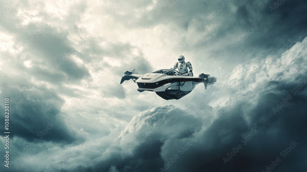 Poster A robotic pilot navigating through a turbulent storm in a futuristic flying car, adventurous and airborne setting with storm clouds and advanced aerial navigation systems