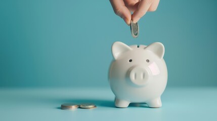 Hand putting coin to white piggy bank saving on blue background and copy space , Money saving for future investment and retirement concept