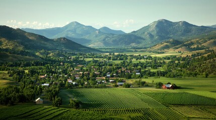 Fototapeta premium Serene Aerial View of Lush Green Valleys, Rolling Hills, and Rustic Farms in a Picturesque Landscape Under Bright Blue Sky with Soft White Clouds