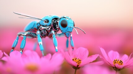 Fototapeta premium Blue Robotic Bee Pollinating Pink Flowers in a Dreamy Meadow Environment, Showcasing the Intersection of Nature and Technology in a Vibrant Scene