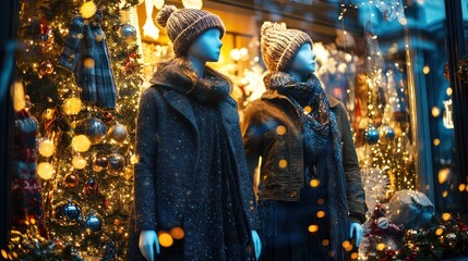 Obraz premium Two mannequins dressed in winter attire, surrounded by festive decorations and lights.