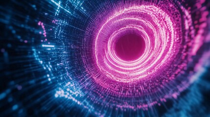 Obraz premium 2410_191.circular big data visualization, vibrant neon lines radiating from central point, dark blue background, futuristic technology concept, abstract digital flow representation, pink and light