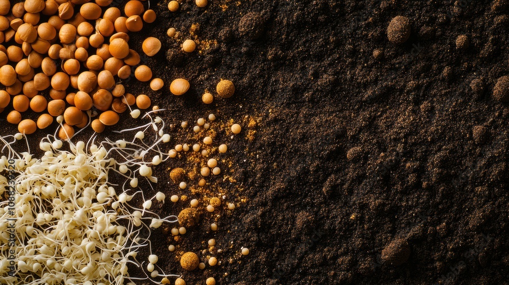 Poster the composition showcases an array of seeds alongside delicate fresh sprouts set against dark, rich 