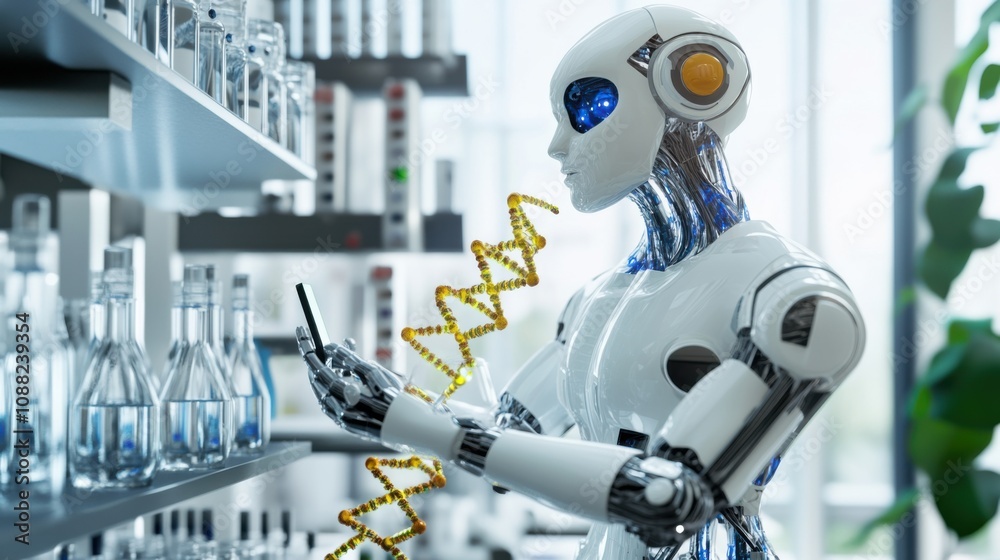Poster A robotic scientist conducting experiments in a bioengineering lab to create synthetic organisms, scientific and innovative setting with genetic sequences and laboratory equipment