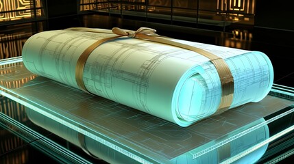 Blueprint rolled up with detailed design in futuristic setting