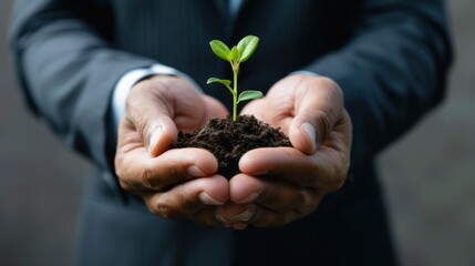 Hands of a businessman holding with care the seedling of a plant with green leaves sprouting. Sustainable growth & environmentally conscious long term investment concept
