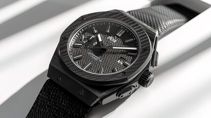 Sleek black chronograph watch with carbon fiber detailing and textured strap, angled view on white surface.