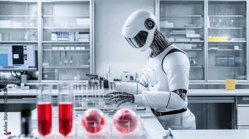 Aufkleber a robotic scientist conducting experiments in a bioengineering laboratory, innovative and scientific