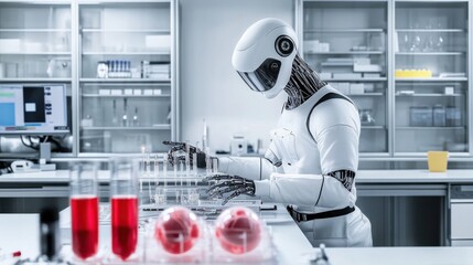 A robotic scientist conducting experiments in a bioengineering laboratory, innovative and scientific setting with genetic samples and advanced laboratory equipment, Bioengineering Robotics style