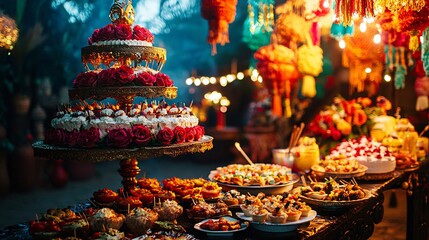 Exquisite Display of Colorful Indian Sweets and Savories at a Festive Celebration with Decorative Elements and Candlelit Ambience in a Vibrant Market Setting