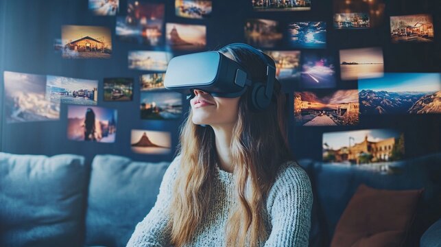 2410_305.a cozy scene with a woman on a couch, wearing a vr headset, immersed in a virtual journey, with floating travel photos surrounding her, showcasing various global destinations in a futuristic