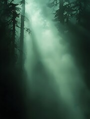 A mystical green-toned forest scene with tall trees shrouded in fog and beams of light piercing through, creating an enchanting atmosphere.