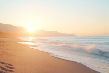 Serene Beach Sunrise with Gentle Waves and Soft Sand, Capturing Tranquil Moments in Nature's Embrace During Early Morning Light and Peaceful Atmosphere