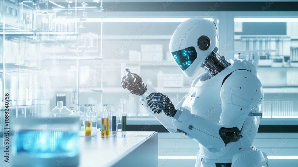 Leinwandbilder A robotic scientist conducting experiments in a futuristic lab, advanced research environment with digital interfaces and lab equipment, Scientific Robotics style
