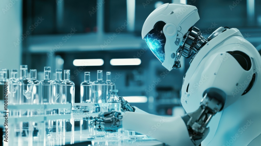 Fototapete A robotic scientist conducting experiments in a futuristic lab, advanced research environment with digital interfaces and lab equipment, Scientific Robotics style