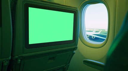 2410_247.in-flight entertainment system installed in the back of a seat, featuring a blank green screen, with a nearby airplane window revealing a partially visible view of the runway and some