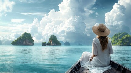 2410_034.joyful explorer on boat prow, breezy white ensemble, bohemian sun hat, cerulean sea, scattered jungle-covered islands, puffy white clouds, serene coastal panorama, wanderlust inspiration