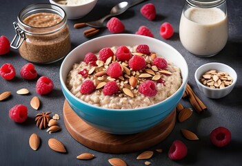 A bowl of oatmeal porridge topped with raspberries, almonds, cinnamon, almond butter, and coconut flakes.