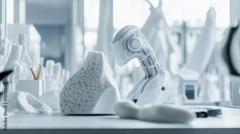Poster a robotic sculptor carving a statue in a futuristic art studio, creative and clean setting with art 