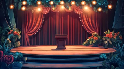 Elegant Stage Setting with Red Curtains and Floral Decor