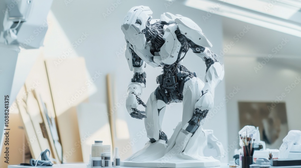 Poster a robotic sculptor carving a statue in a futuristic art studio, creative and clean setting with art 