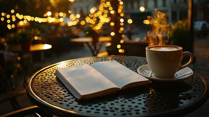 Cozy Coffee Shop Scene with Steaming Cup and Open Notebook Surrounded by Warm Bokeh Lights in an Outdoor Setting