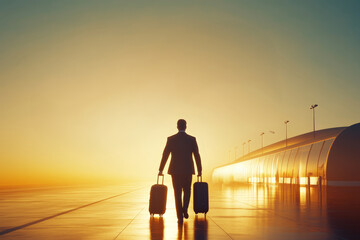 Moonlight shines down on the street, a man drags a suitcase in his hand, golden light shoots through the air around the man.