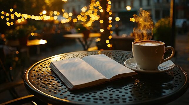 Cozy Coffee Shop Scene with Steaming Cup and Open Notebook Surrounded by Warm Bokeh Lights in an Outdoor Setting