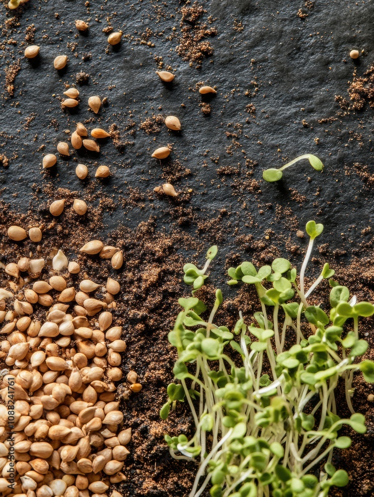 Poster tiny sprouts and various seeds spread across fertile soil highlight the beauty of new life and susta