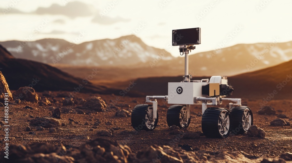 Poster a robotic space explorer collecting samples on the surface of mars, space exploration and planetary 
