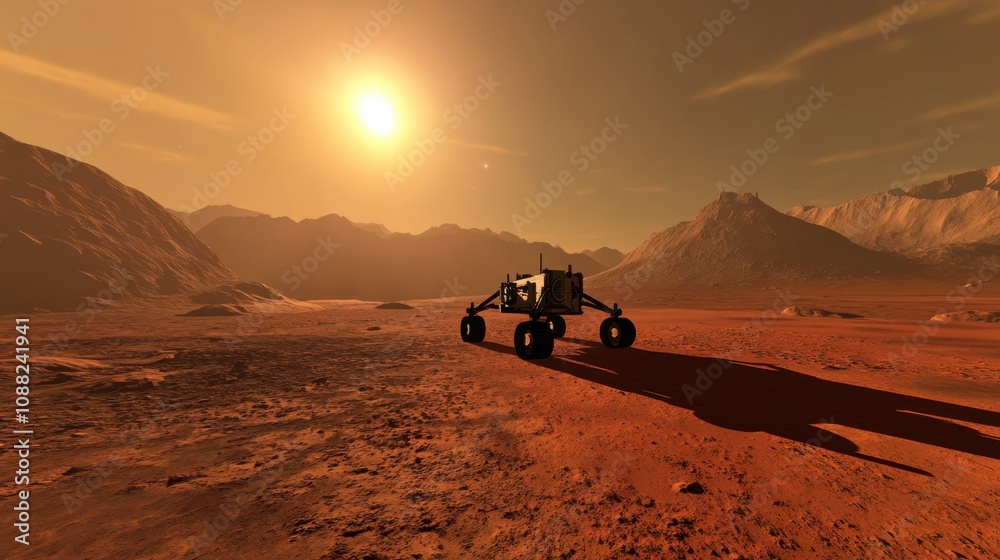 Poster a robotic space explorer collecting samples on the surface of mars, space exploration and planetary 
