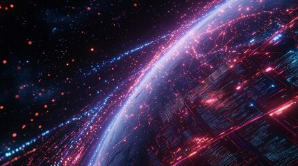 Obraz premium 2410_273.digital holographic earth with glowing lines of connection, multiple server stacks processing data, vibrant blue and purple light effects, concept of global internet communication, advanced