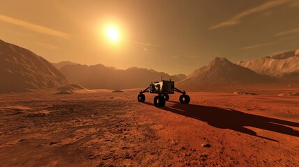 A robotic space explorer collecting samples on the surface of Mars, space exploration and planetary setting with red Martian terrain and scientific equipment