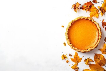 top view of pumpkin pie isolated in white background