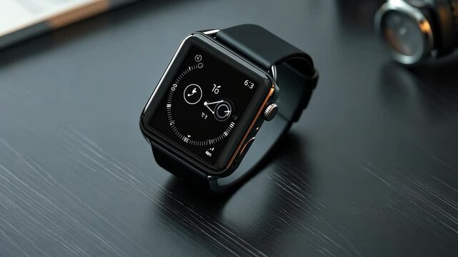 A smart watch with a black band sits on a table. The watch has a black face and a white background