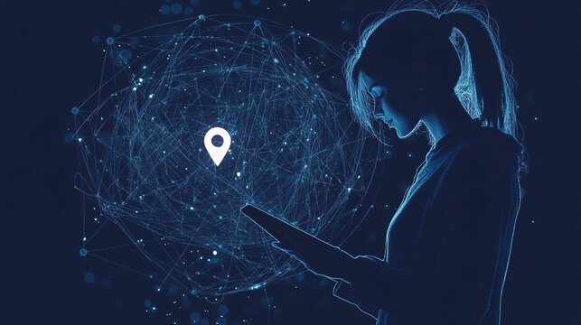 2410_228.modern line art style, female silhouette using tablet, ai travel agent on screen, location marker floating between, abstract circular connection lines, clean negative space