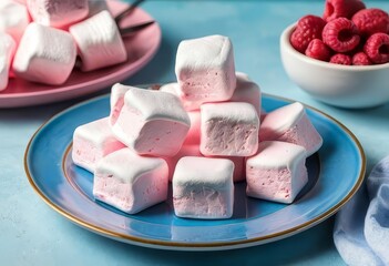 A homemade pink berry marshmallow on a blue plate with a fork and napkin