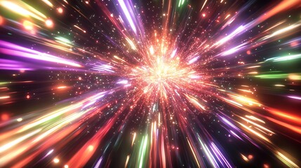 Naklejka premium Colorful light streaks radiating from central explosion in dark space.