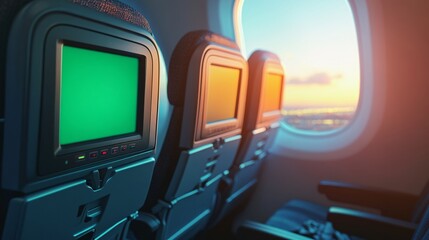 2410_246.a modern airplane interior with a close-up view of an in-flight entertainment screen set into the back of a seat, the screen displaying a bright green placeholder the airplane window beside