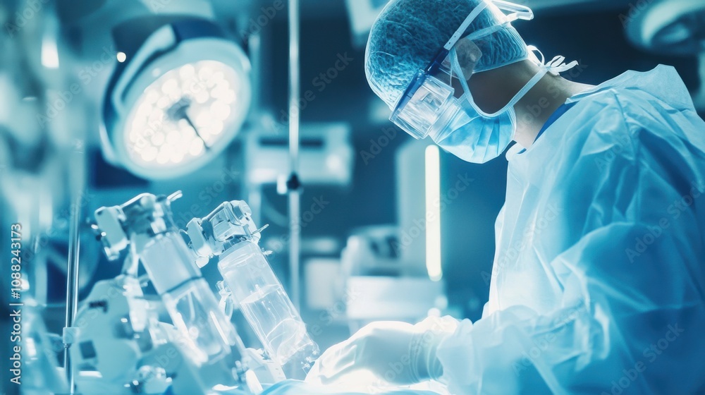 Poster a robotic surgeon performing a delicate operation in a futuristic hospital, sterile and medical sett