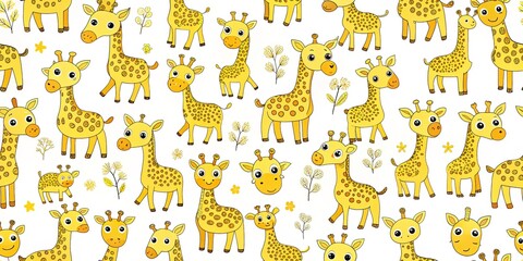Obraz premium Cute Vibrant Yellow Cartoon Giraffe Pattern for Children's Wallpaper, Prints, and Postcards - Adorable Wild Animal Design on White Background