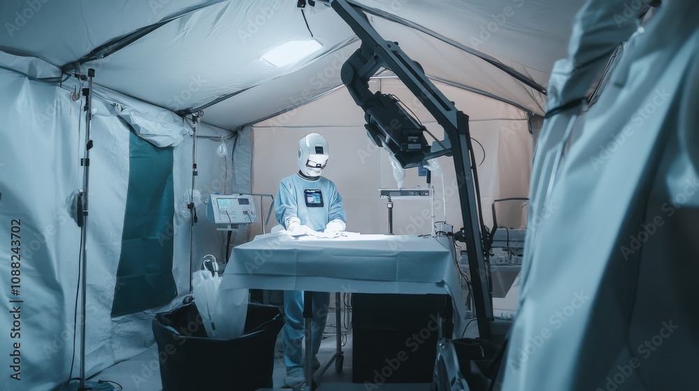 Poster a robotic surgeon performing delicate operations in a remote field hospital, challenging and critica