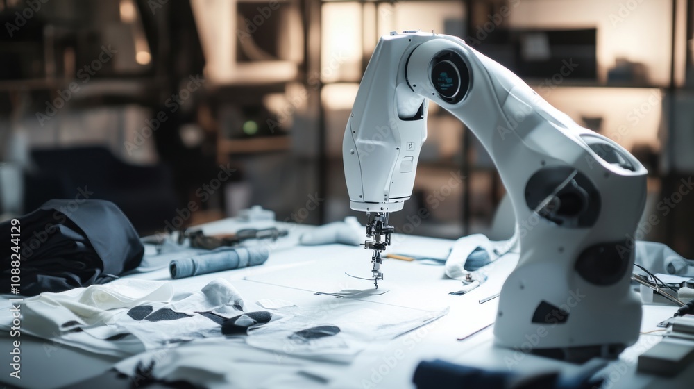 Aufkleber a robotic tailor designing and sewing garments in a high-tech fashion studio, modern and artistic se