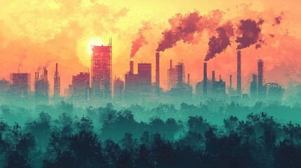 Fototapeta premium Industrial Landscape at Sunset with Smokestacks and Silhouetted Forests, Capturing the Contrast Between Nature and Urban Development in Vibrant Colors