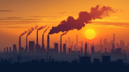 Fototapeta premium Industrial Skyline with Smokestacks Against a Beautiful Sunset and Pollution Emitting from Factories, Highlighting Environmental Challenges and Urbanization Effects