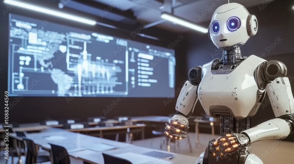 Fototapete A robotic teacher conducting a virtual class in a futuristic classroom, advanced and digital educational setting with interactive screens, Educational Robotics style